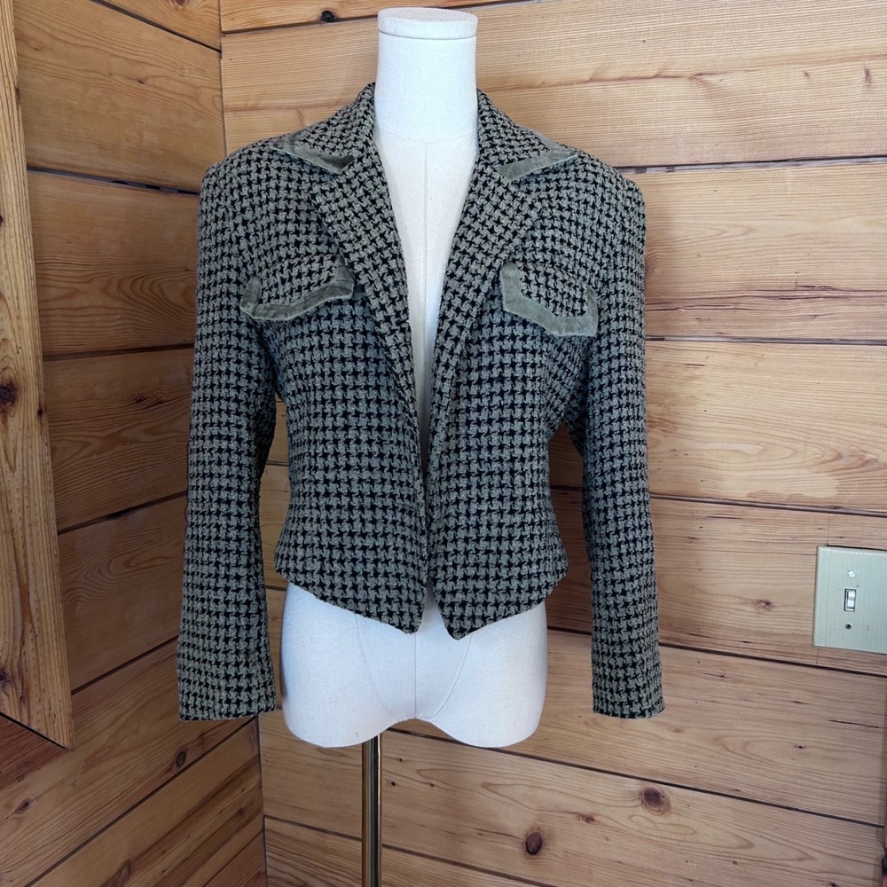Vintage Wool Cropped Blazer Women Large Grey Houndstooth Asymmetric Hem Virani